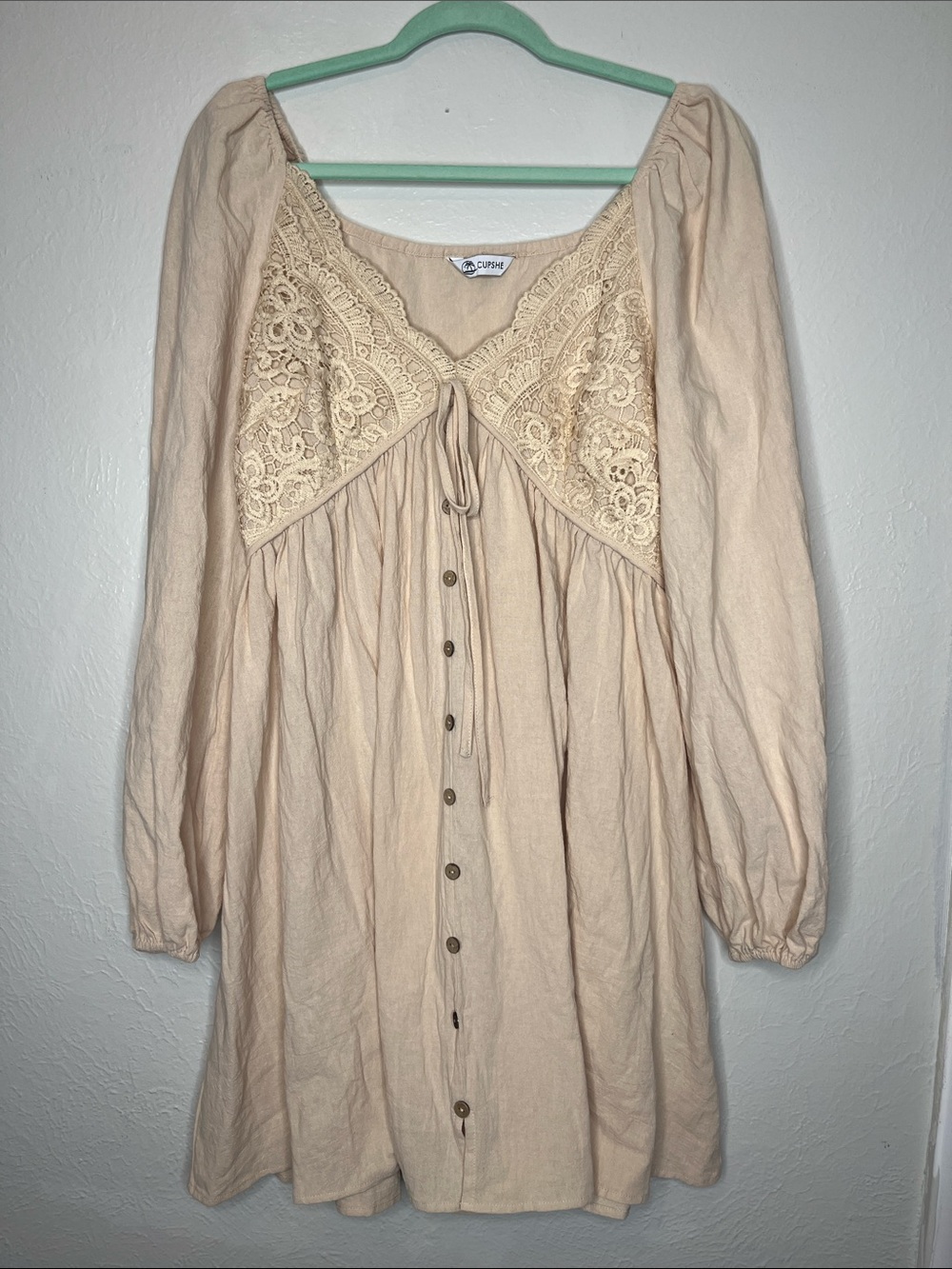 Beige Cupshe Button-down Dress with Crochet Accents - Size M Cottagecore Boho